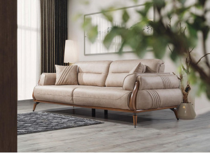 Luxury Three-Seater Designer Sofa Upholstered Sofas Couches Beige Leather New